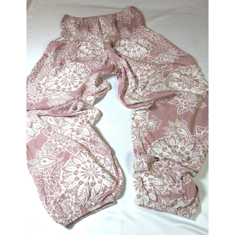 Lotus and Luna Boho Harem Pants S Pink White Floral Smocked Waist Playful Beach